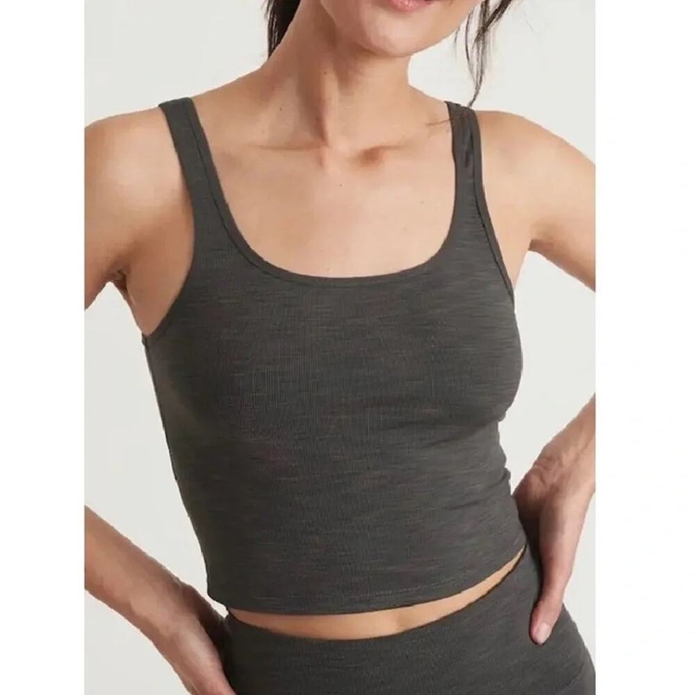 Marine Layer Studio Longline Ribbed Crop Tank Top Olive Heather Green Size Small